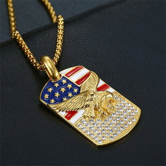 Gold American Flag Eagle Dog Tag Pendant Stainless Steel Patriotic Necklace - Picture 4 of 10
